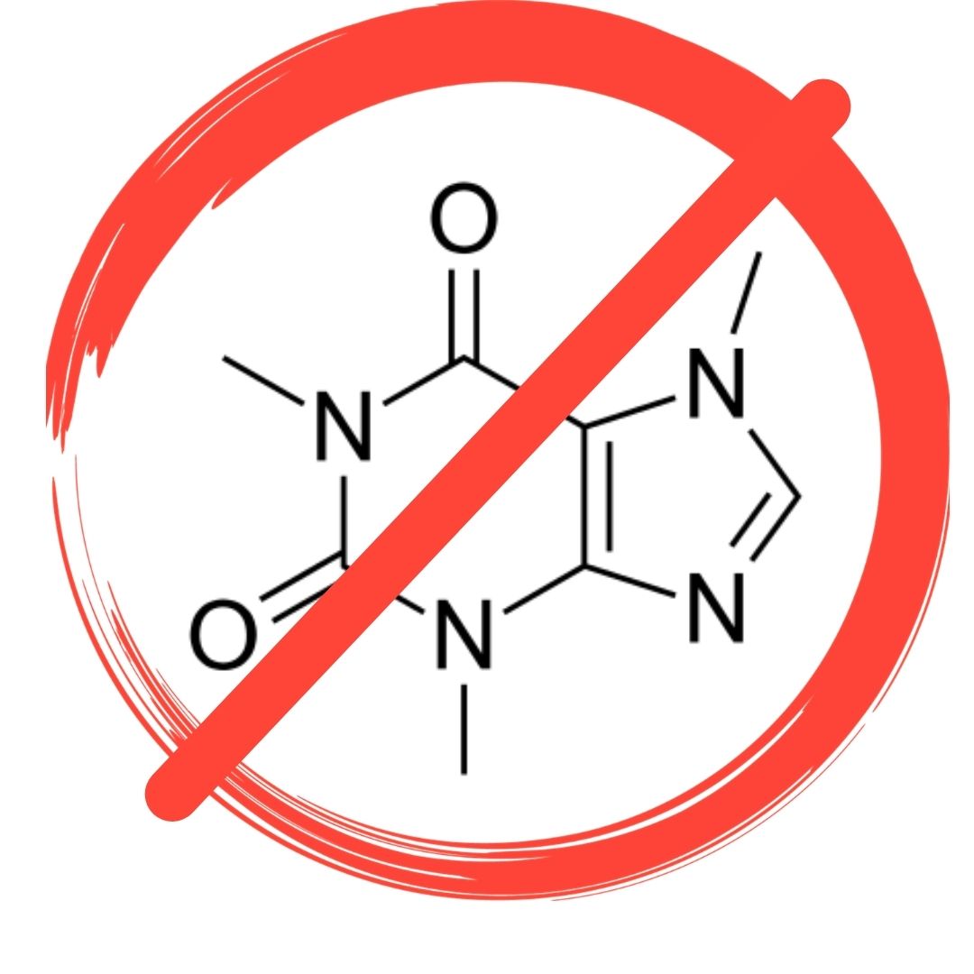 Caffeine molecule with a red circle around it and red line through it.