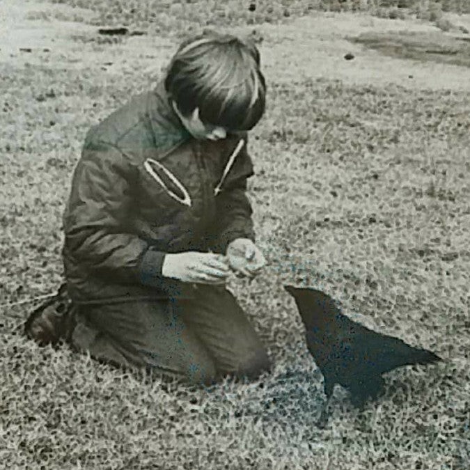 Young Eric Blanchet with his pet talking crow, Tony.