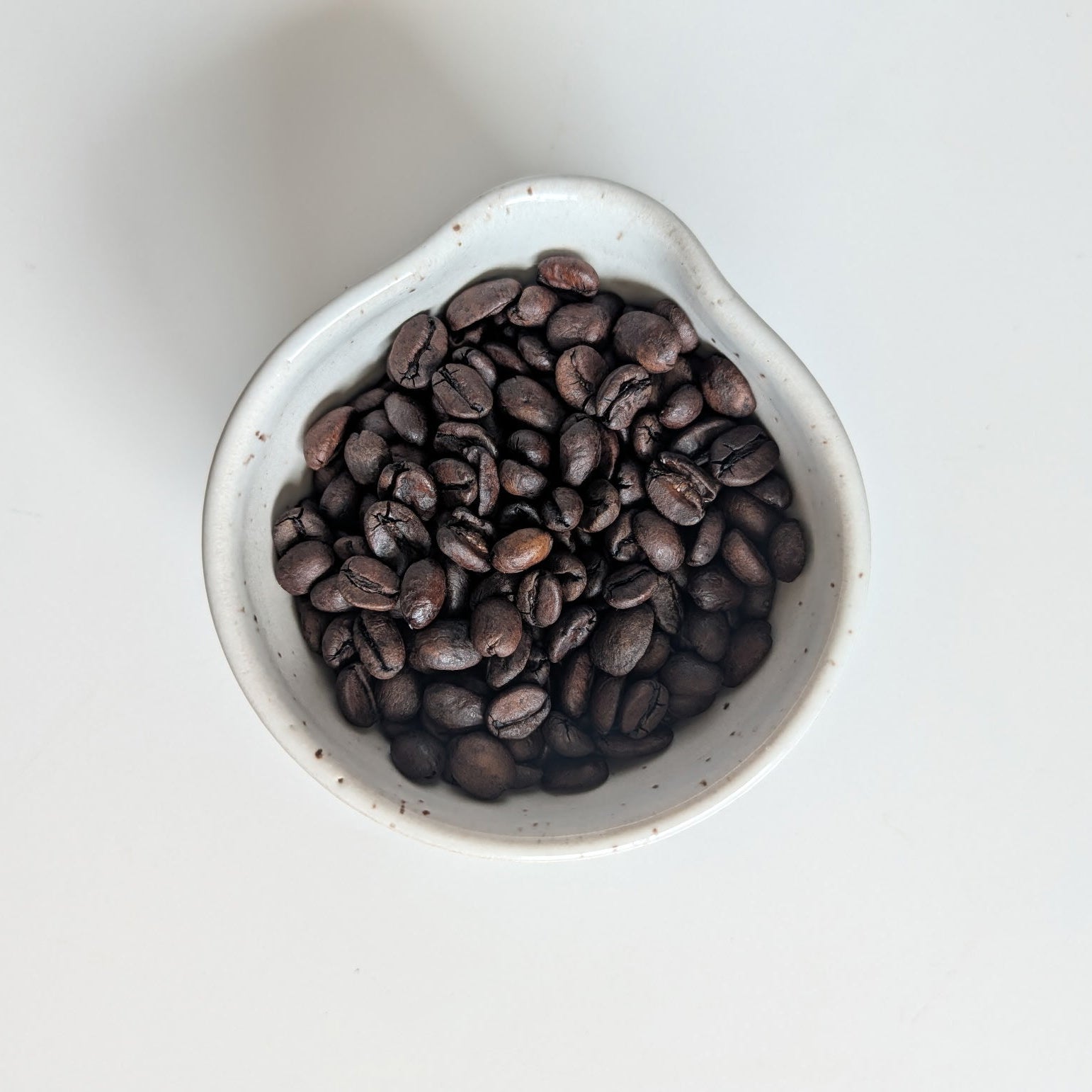 Dark roasted coffee beans filling a small white ceramic bowl, photographed from above on a clean white background.