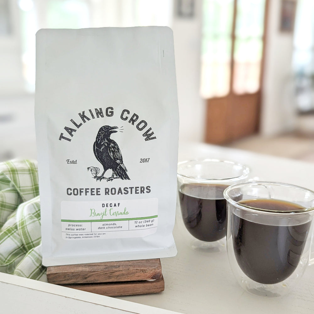12 oz bag of Talking Crow Coffee Roasters single origin Decaf Brazil Cerrado whole bean coffee
