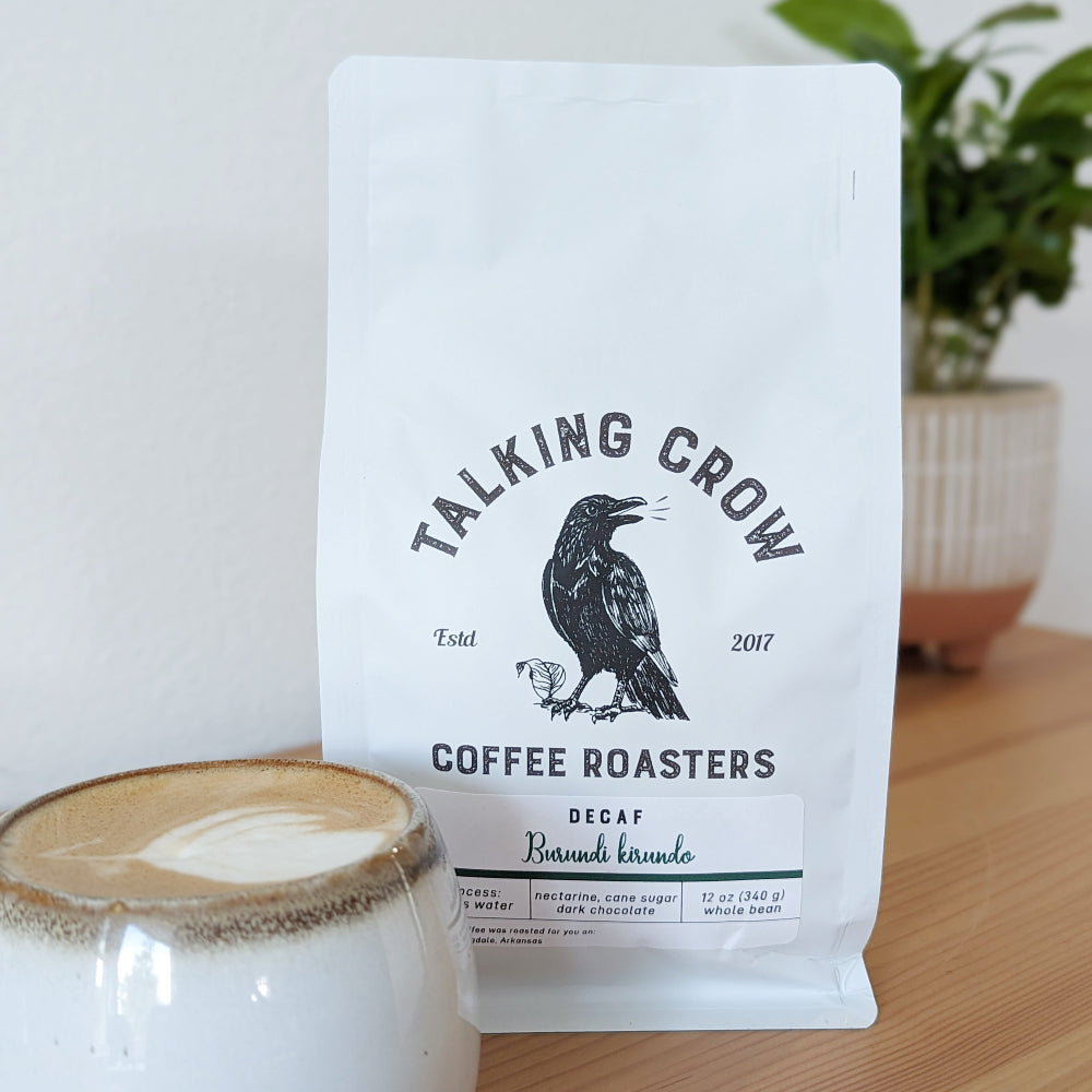 12 oz bag of Talking Crow Coffee Roasters single origin Decaf Burundi Kirundo whole bean coffee