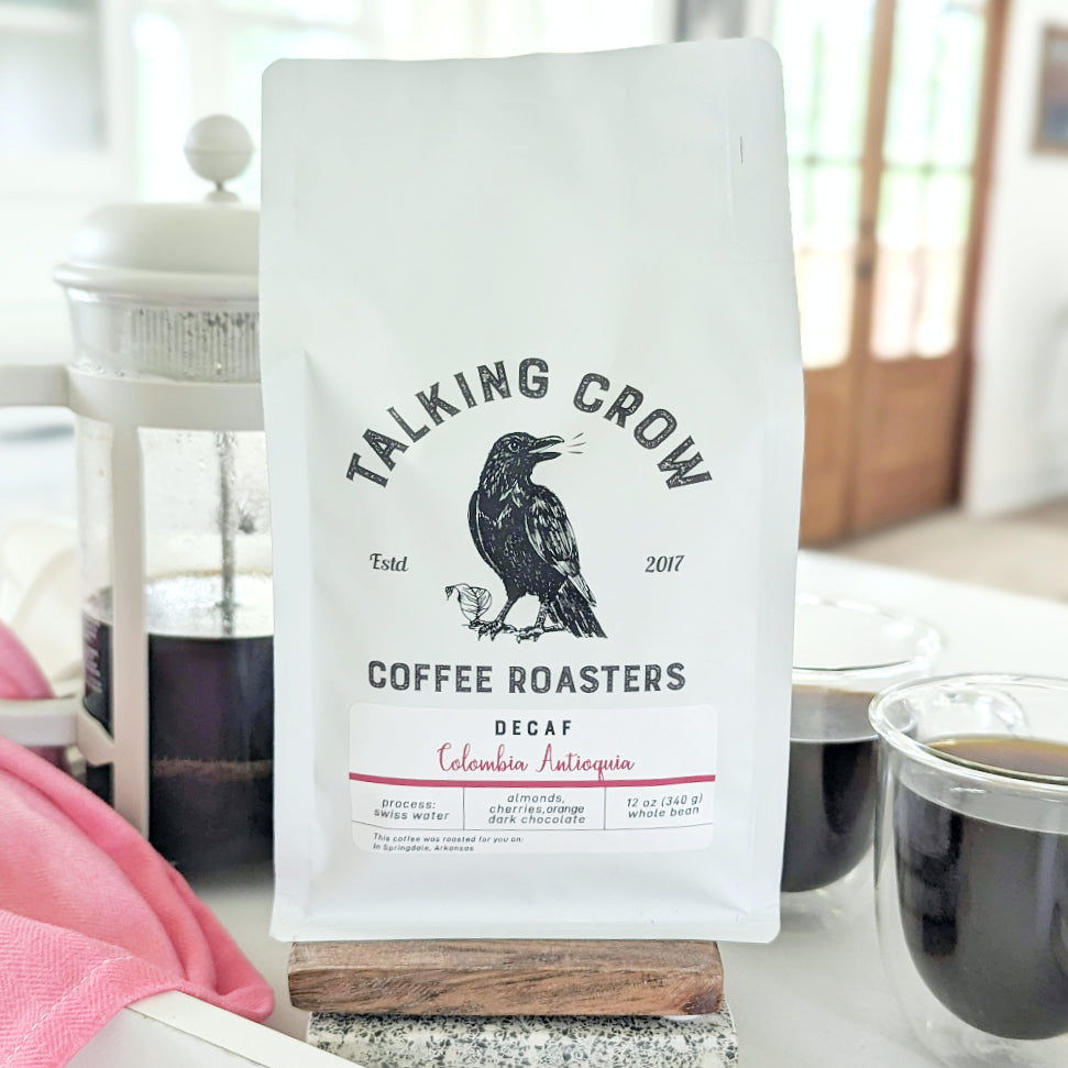 12 oz bag of Talking Crow Coffee Roasters Single Origin Decaf Colombia Antioquia whole bean coffee