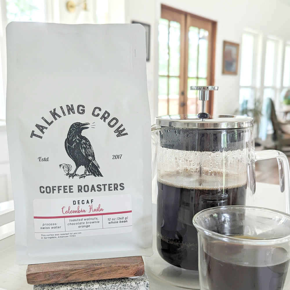 12 oz bag of Talking Crow Coffee Roasters single origin Decaf Colombia Huila whole bean coffee