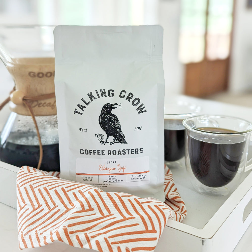 12 oz bag of Talking Crow Coffee Roasters Single Origin Decaf Ethiopia Guji whole bean coffee
