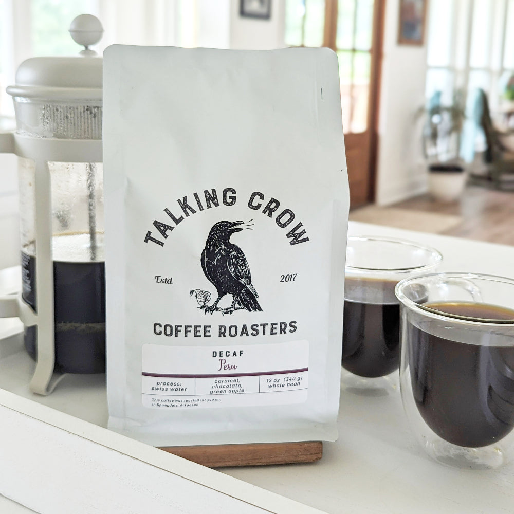 12 oz bag of Talking Crow Coffee Roasters Organic Single Origin Decaf Peru Whole Bean Coffee