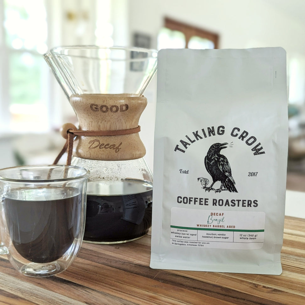 12 oz bag of Talking Crow Coffee Roasters Decaf Whiskey Barrel Aged Brazil whole bean coffee