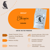 Decaf Ethiopia Sidamo coffee package with product details on a beige background