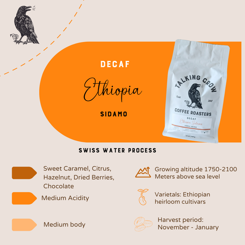 Decaf Ethiopia Sidamo coffee package with product details on a beige background