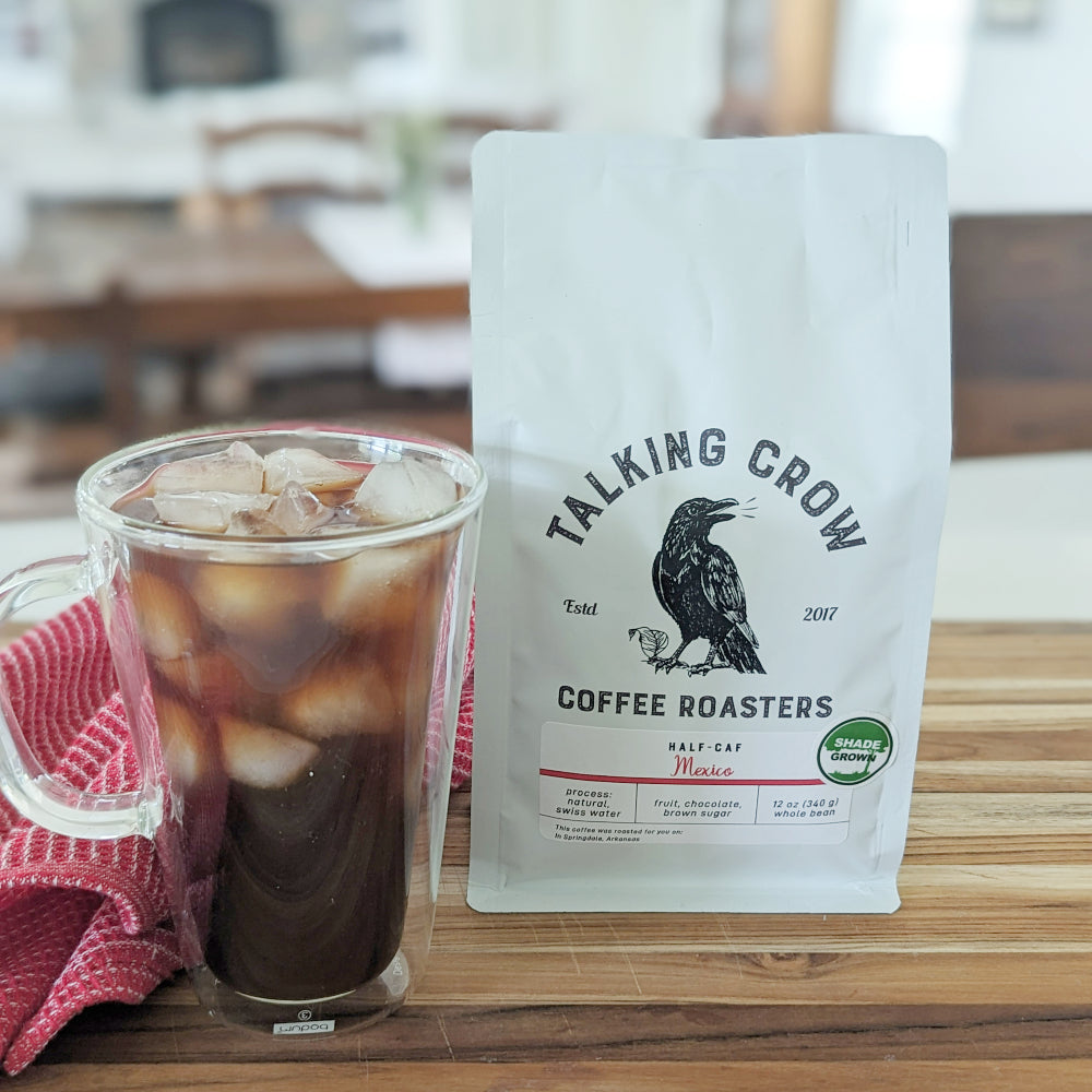 12 oz bag of Taking Crow Coffee Roasters Half-Caf Mexico Whole Bean Coffee