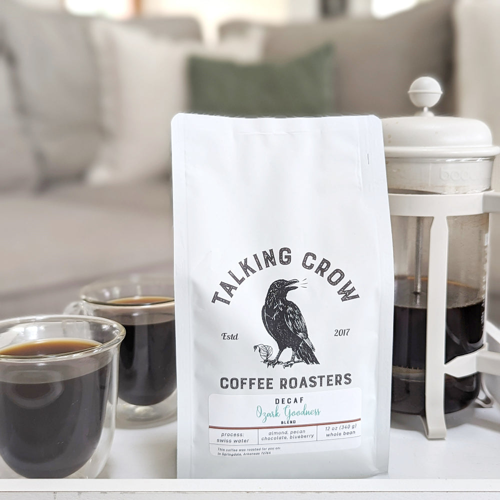 12 oz bag Talking Crow Coffee Roasters Decaf Ozark Goodness blend whole bean coffee