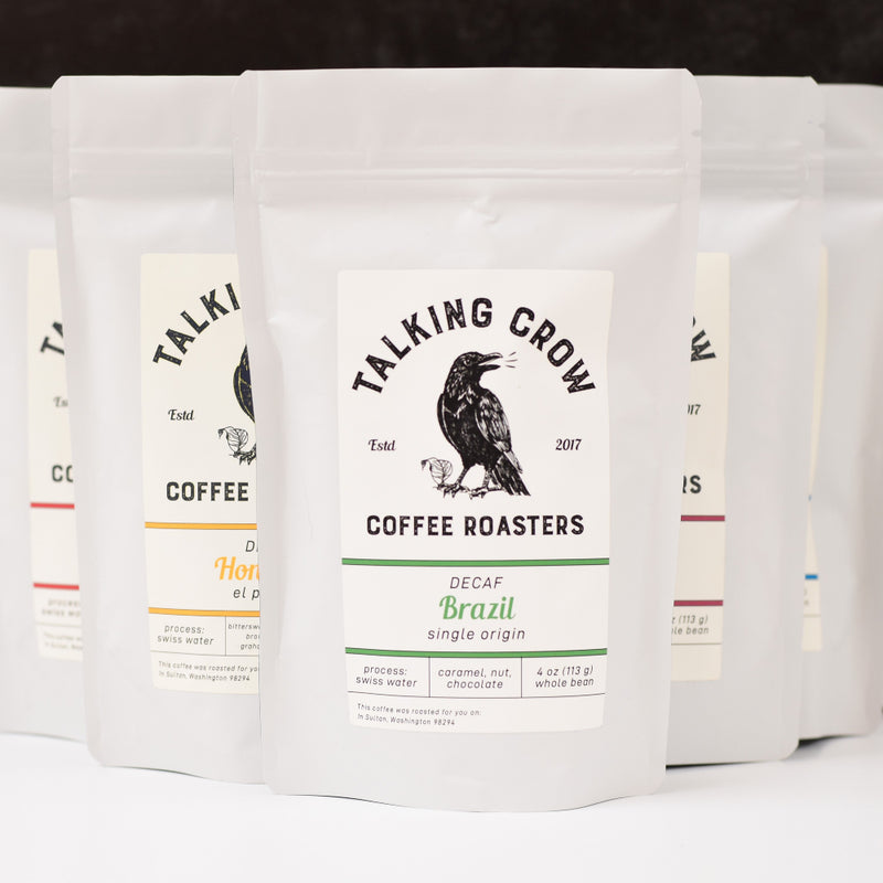 4 oz bags of Talking Crow Coffee Roasters Specialty Decaf Coffee Single Origin decaf only sampler set