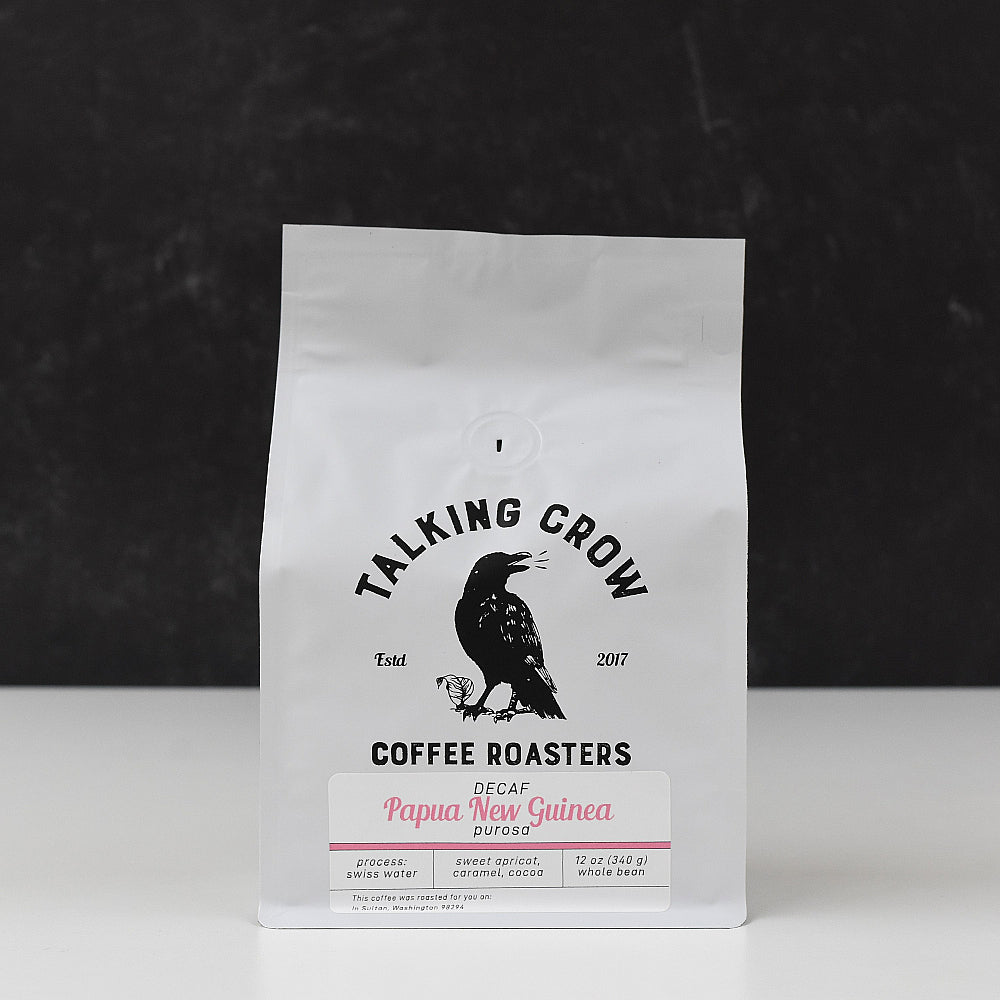 12 oz bag of Talking Crow Coffee Roasters Swiss Water Process Decaf Papua New Guinea 