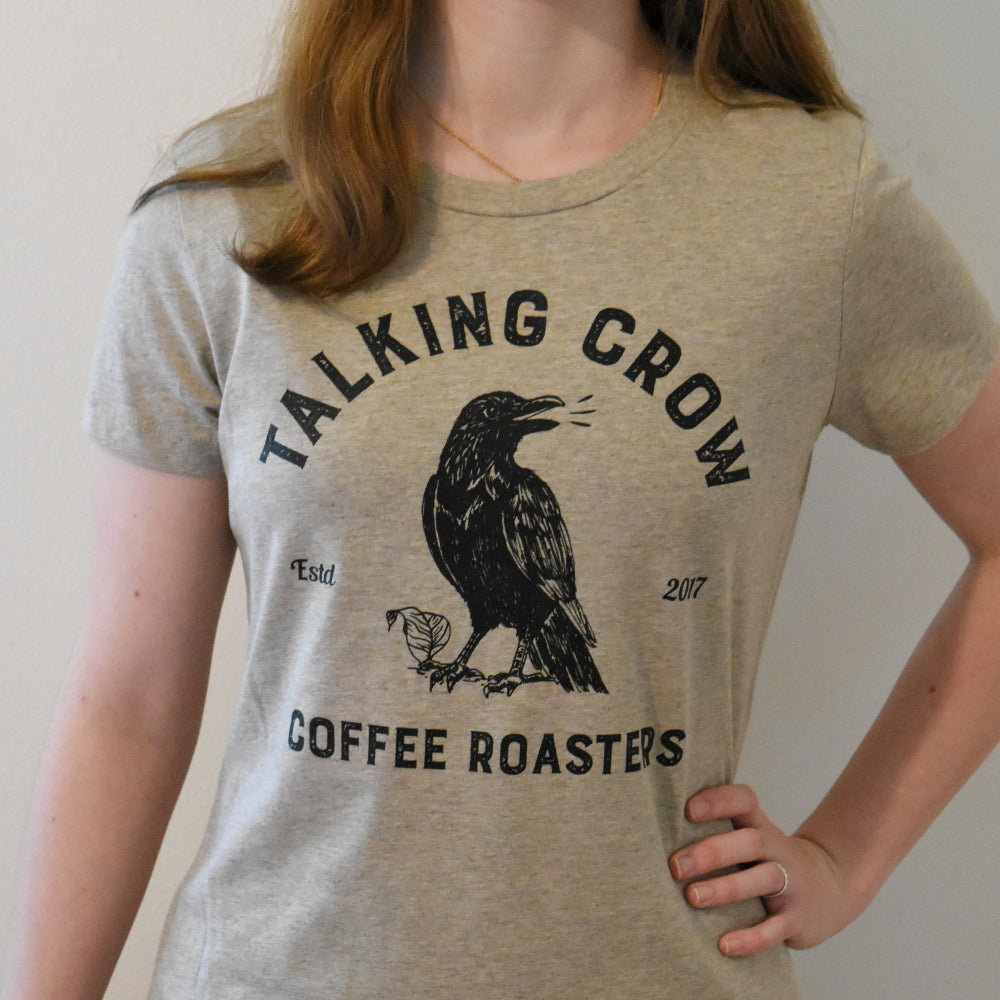 Heathered Latte T-shirt with Talking Crow Coffee Roasters logo on the front