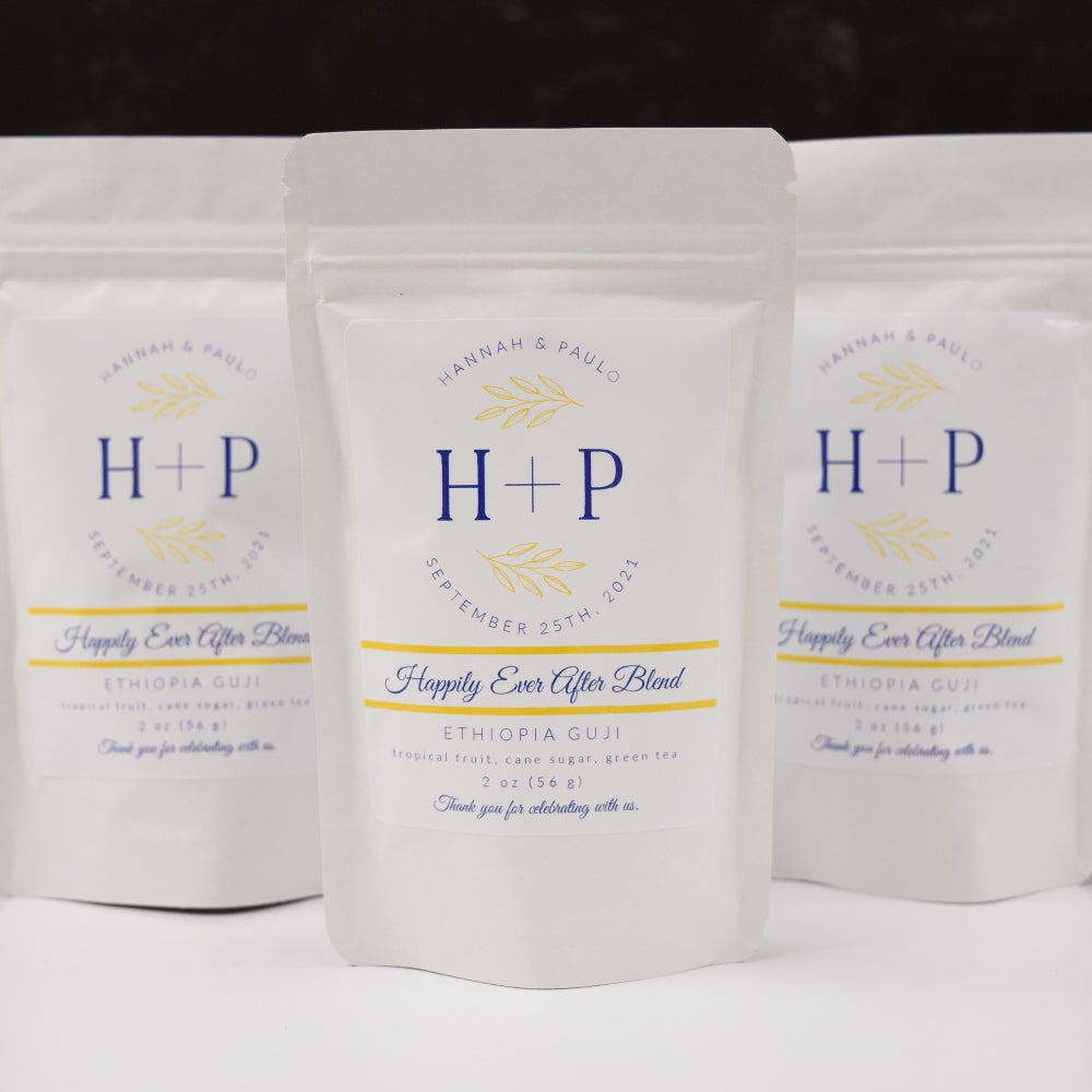 3 (2 oz) white bags of whole bean specialty coffee wedding favors